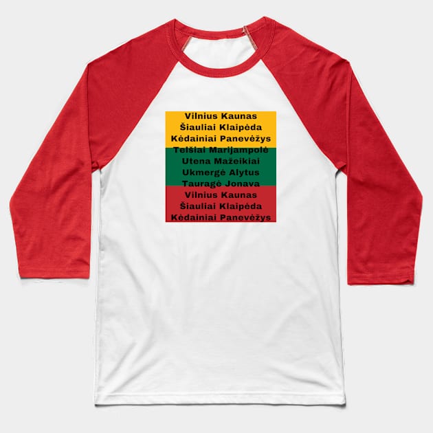 Lithuania Flag Colors with Cities Baseball T-Shirt by aybe7elf